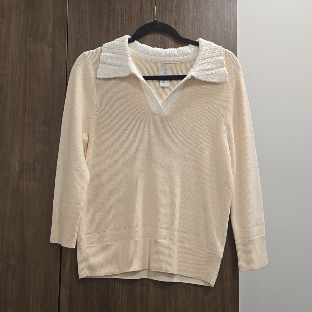 Joie-V-neck Crochet Knit Collared 100% Cotton 3/4 Sleeve Sweater in Creme-Size L